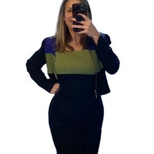 Vintage Olive and Black Dress with Blue Jacket